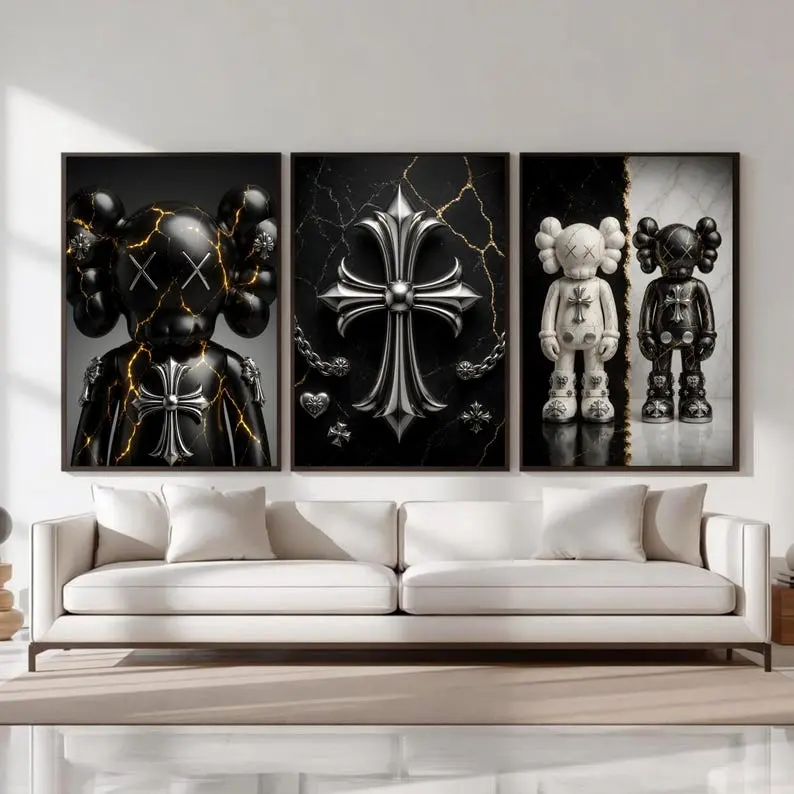 Luxury HypeBeast Kaws Wall Art Poster Print Unframed Set Of 3, Kaws Chrome Hearts Hypebeast Room Decor, Black and White Kaws Posters,Kaws Figures Print Set