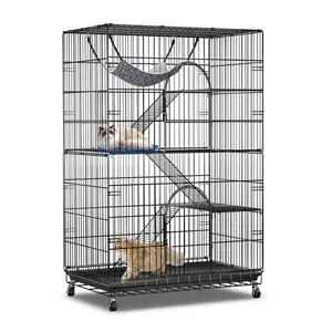 PetCozife Large 4-Tier Cat Durable, Cage Playpen Box Crate Kennel, with 3 Doors, Hammock, Suitable - 35.43"L x 23.62"W x 51.18"H, Black