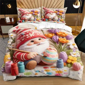 Easter Egg Gnome Bedding Set, Includes Coreless Duvet Cover and Pillowcases, 3D Embroidered Print, Holiday Bedroom Decor