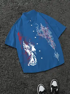 Cyber Gothic Angel Wing Graphic Short Sleeve Casual Shirt - Men's Oversized Grunge Streetwear Button Down - Edgy Cross Print Top for Rave Party & Night Out Alt Fashion, Shortsleeve