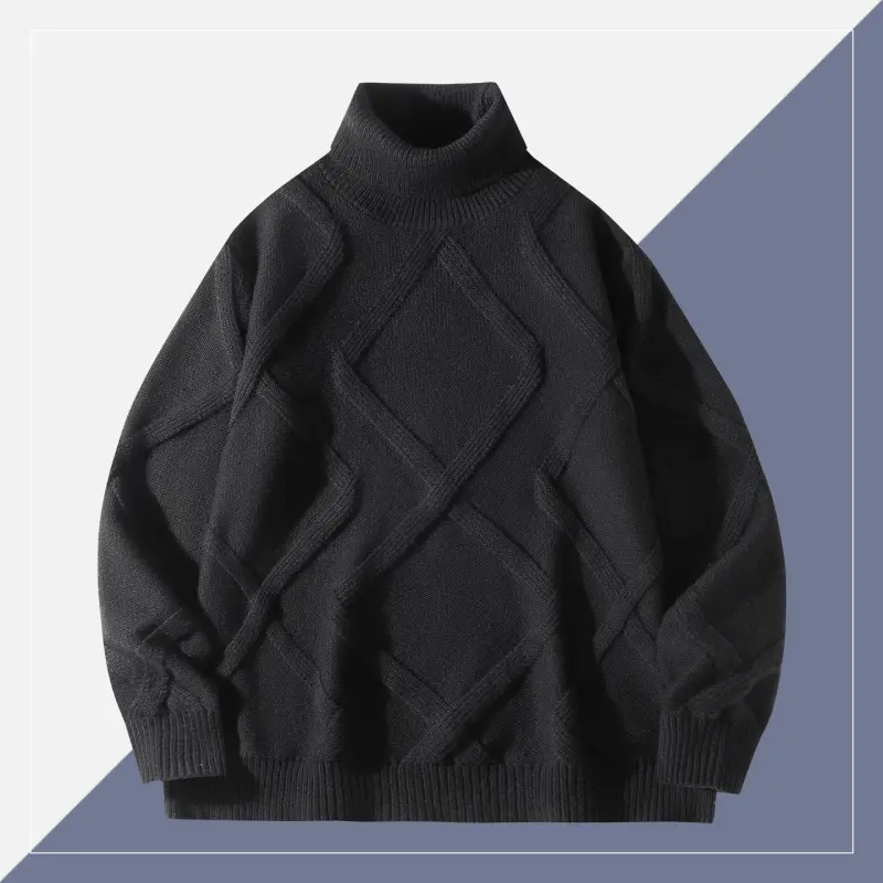 Men’s retro diamond jacquard high-neck knit sweater, loose fit thermal pullover, gentlemanly business and everyday winter knitwear