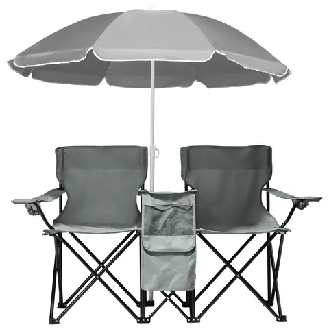 Camping Furniture - Portable 2-Seat Folding Chair with Removable Umbrella & Mini Table, Outdoor Lawn Seating for Picnic Includes Carrying Bag
