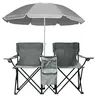 Double-Seat Lightweight Grey Oxford Leisure Outdoor Furniture Set - Foldable Garden Chair with Removable Sun Protection Umbrella, Carrying Bag for Beach, Picnicking, Backyard Relaxation, Porch Styling (Family-Friendly)