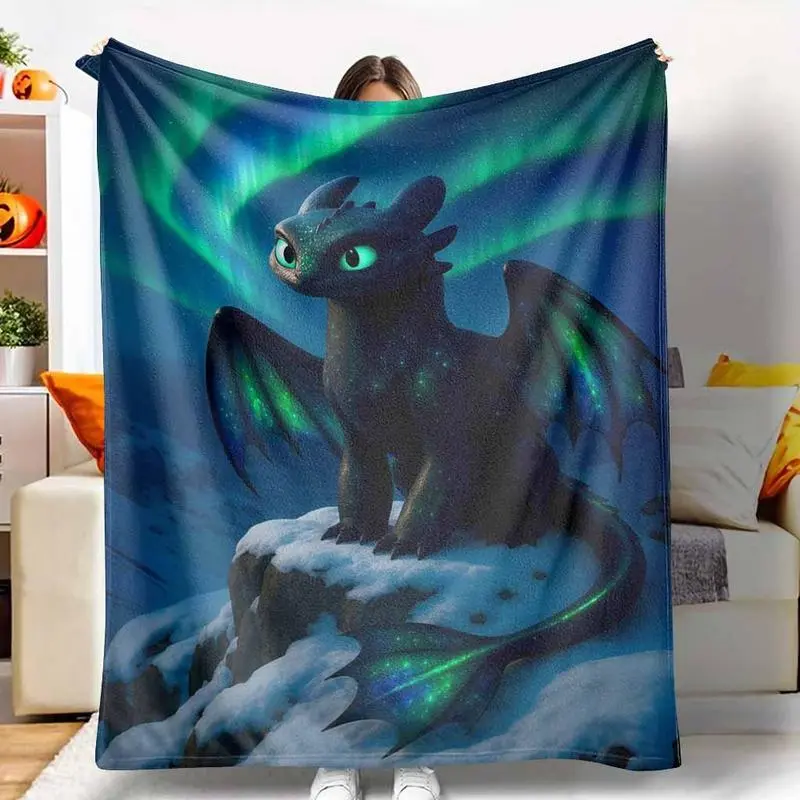 Northern Lights Toothless Style Digital Art Dragon Flannel Blanket - Soft, Cozy, Warm, Lightweight, Breathable, Durable, Fade-Resistant for Winter Vacation, Living Room, Home Decor, Perfect Gift