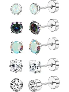5 Pairs Surgical Steel Earrings for Women Men Hypoallergenic Stud Earrings for Sensitive Ears Flat Back Earrings Stud 20G Stainless Steel Cartilage Earring Opal CZ Small Flatback Stud Earrings Women Hypoallergenic Post Earrings