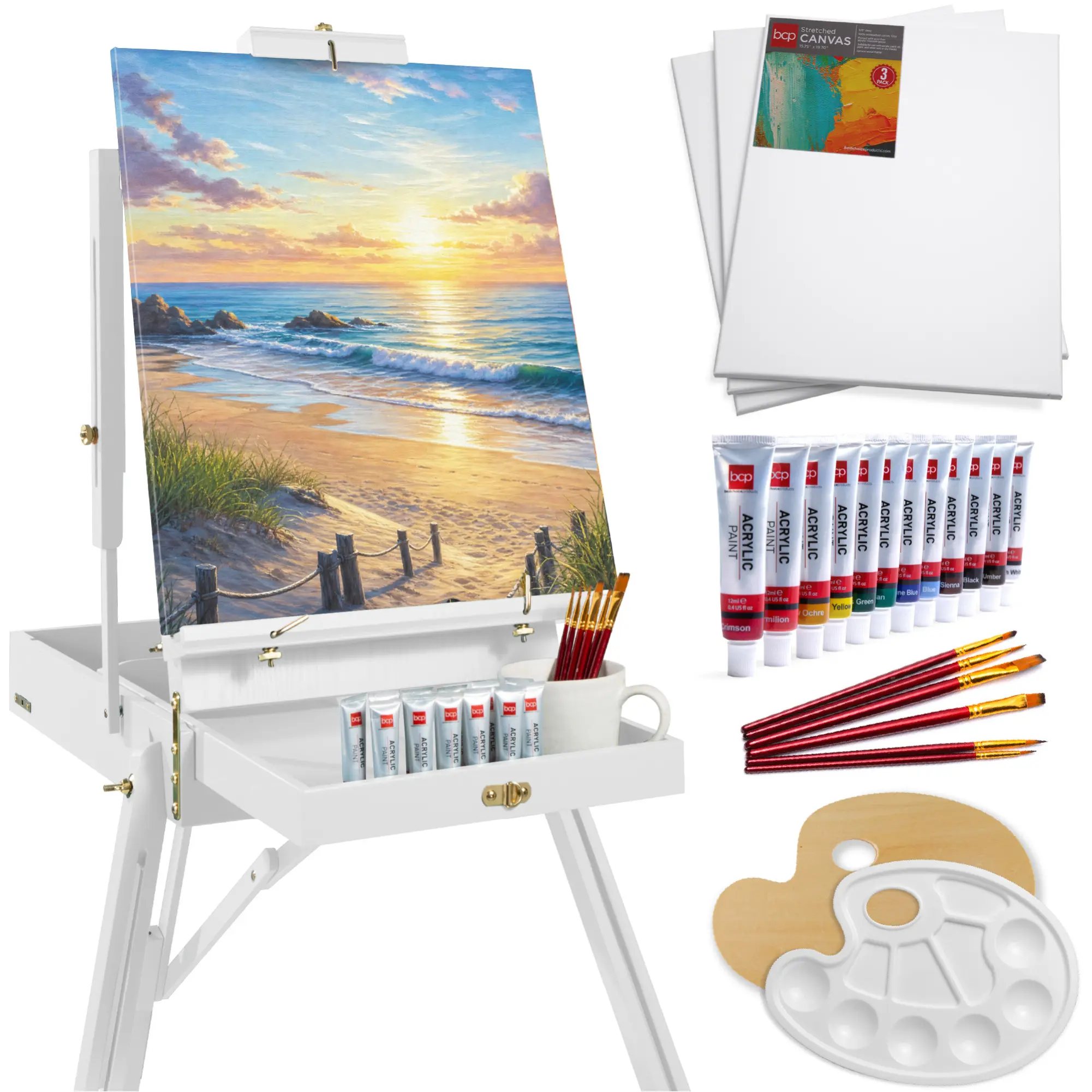Best Choice Products French Easel, 32pc Beginners Kit Portable Wooden Adjustable Tripod  w/ Paint Supplies