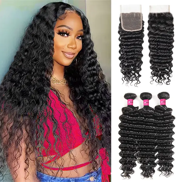 ONEMORE Deep Wave Hair Bundles with 4x4 Lace Closure, Soft Remy Human Hair Pieces Extensions, Restyleable Weave in Natural Color, Lace Weft Hairpiece, Bundles + Closure, Multiple Lengths, Soft Deep Waves, Female, Dyeable Bleachable, Baby Hair Lace