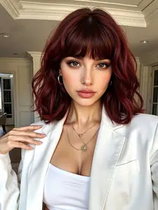 Burgundy Short Wavy Wig with Bangs for Women Curly Wigs Natural Wavy Synthetic Wigs for Daily Party Cosplay 14 Inch Synthetic Material Wigs