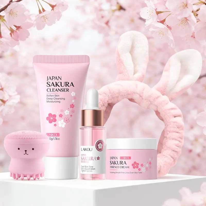 LAIKOU Sakura Skincare Total Care Soft Skin Set with Cleanser, Serum, Cream, Hair Band & Facial Brush,Hydrating Moisturizing Brightening Glow Routine