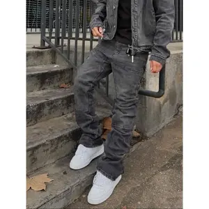 Men’s washed solid-color slim-fit high-street Korean-style denim jeans with elastic patches, casual all-season wear