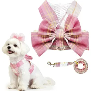 Cute Dog Harness and Leash Set with Bow Tie Soft Mesh Plaid Girl Puppy Harness No Pull Pet Cat Dog Vest Harness for Small Dogs Chihuahua Rabbit Outfit