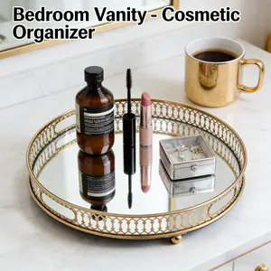 12 inch Round Mirrored Vanity Tray Metal Frame Gold Mirror Glass Luxury Bathroom Dresser Decor Gift for Mom Girl Birthday Housewarming Wedding Christmas New Year Shower