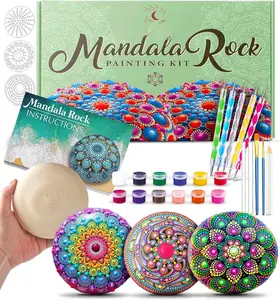 Mandala Rock Painting Kit - Mandala Dotting Tools Kit - Large Wooden Rocks for Painting, Mandala Stencils,  Paints, Dotting Tools for Painting Rocks - Mandala Dot Art Kit for Adults &