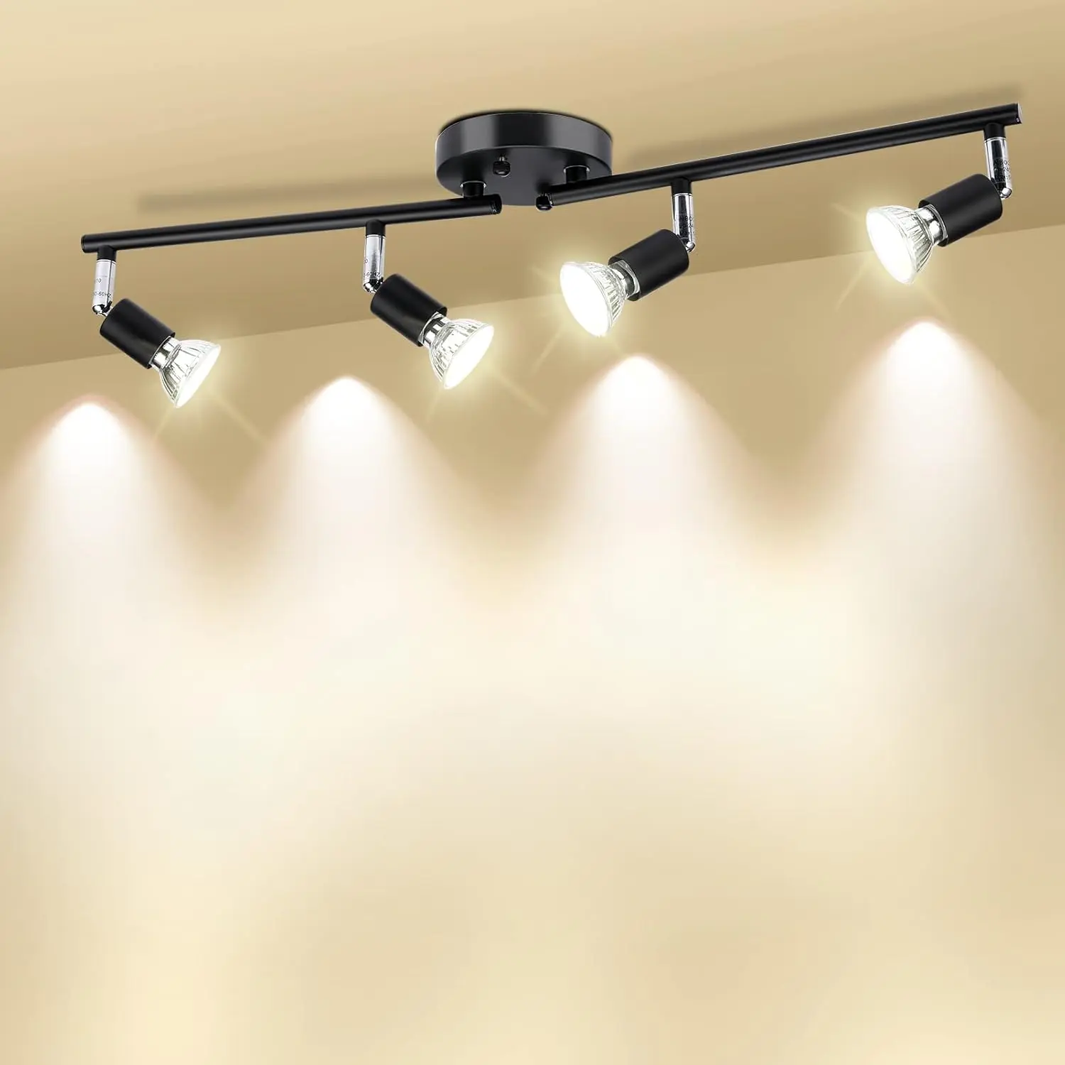 Black Track Lighting Kit - 4 HD Foldable Adjustable GU10 Socket Ceiling Directional Lamp Spotlights, 50W Incandescent Compatible Indoor Fixture for Bedroom, Coffee Bar, Hospitality Focus Lighting Needs
