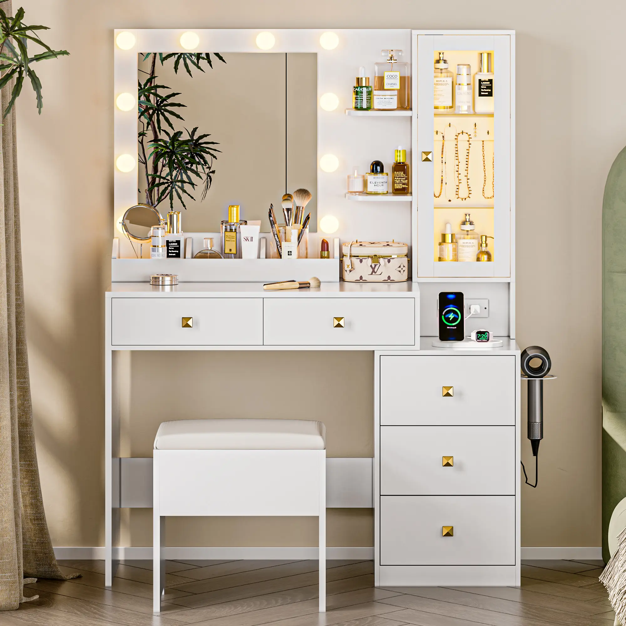 LED Vanity Table Set - Sturdy Small Rectangular P2 Wood Indoor Furniture, Cushioned Stool, 5 Storage Drawers, Power Outlet, RGB Lights, Adjustable Brightness Backlit LED Mirror for Girls' Bedroom