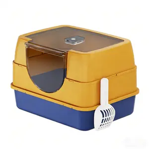 XL Space Capsule Cat Litter Box - 52x35x35cm Enclosed Kitty Toilet with Front Entry & Top Exit, Odor-Free Shield & Large Interior (Grey / Orange / Pink)