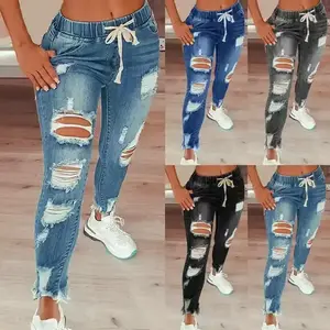 Women's trendy high waist ripped elastic waist drawstring jeans riden jeans  jeans Pants Denim（gift）