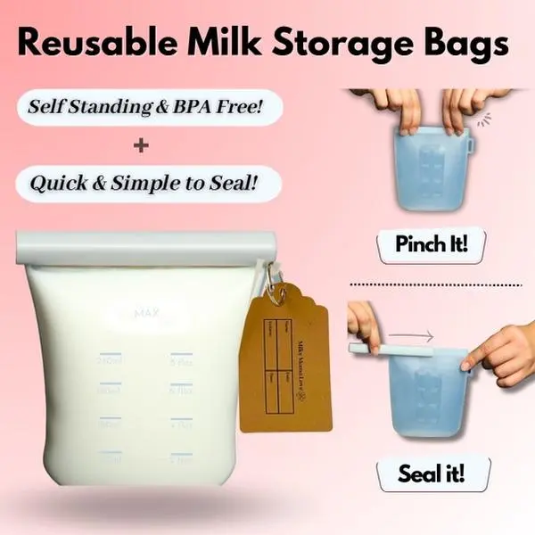 Miss Milky Mama Reusable Breastmilk Storage Bags - Set of 5 Silicone Bags with Metal Rings and 25 Documentation Paper Labels