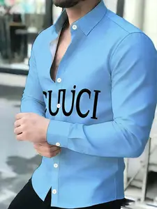 Men's Blue Long Sleeve Shirt, Business Casual Elegant Classy Slim Fit, Fashion Letter Print Top