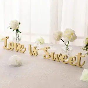 Love Is Sweet Tabletop Decoration Hollow Love Sign Tabletop for Wedding Stand Gold Set Wood Ornaments