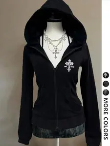 Women's Y2K Graphic Hoodie Jacket, Fitted Cross Print Design, Fall & Winter Warm Comfortable Outerwear, Trendy Casual Wear