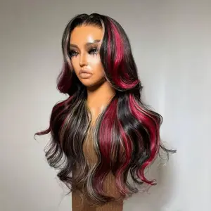 Red Blonde Highlight Black 13x4 Transparent Lace Front Wigs Pre Plucked Body Wave Pre Plucked With Baby Hair Black Red Blonde Mixed Colored Can Be Restyled For Women