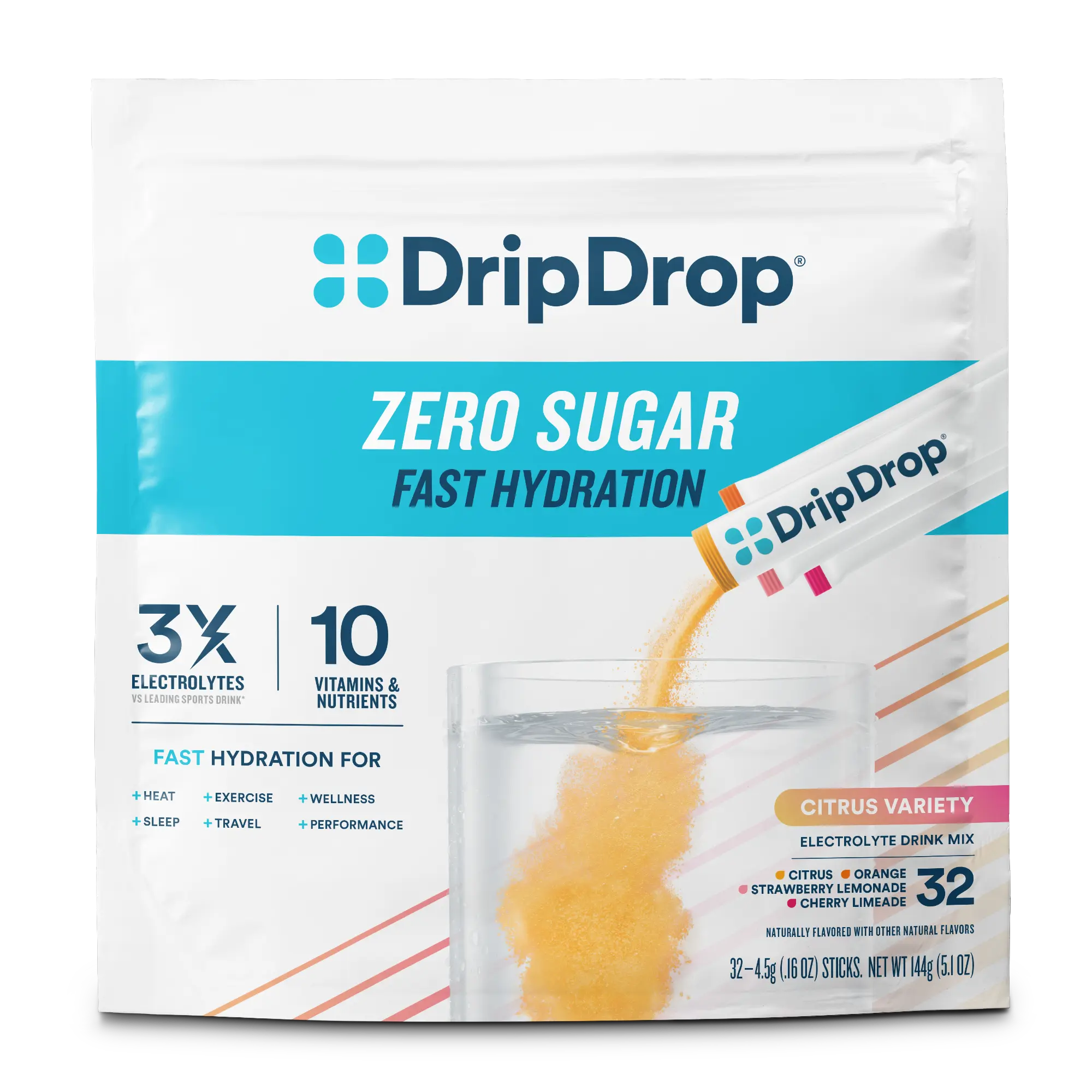 DripDrop Zero Sugar Citrus Variety Pack Electrolyte Powder, 8 oz sticks, 32 count