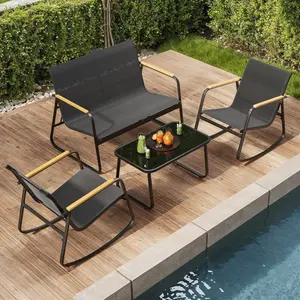 Gizoon 4 Pieces Patio Furniture Set Textilene Outdoor Conversation Set with 2 Rocking Chairs and Tempered Glass Coffee Table for Lawn Garden Balcony Poolside