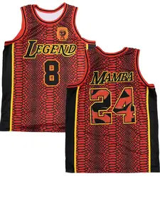 Kobe Bryant 8&24 Los Angeles Legend Mamba Basketball Jersey Red Black Snakeskin Pattern Mamba Head Badge Breathable Mesh Sleeveless for Kobe Fans Supporters, Mamba Mentality Collectors Retro Lovers & Streetwear Basketball Enthusiasts