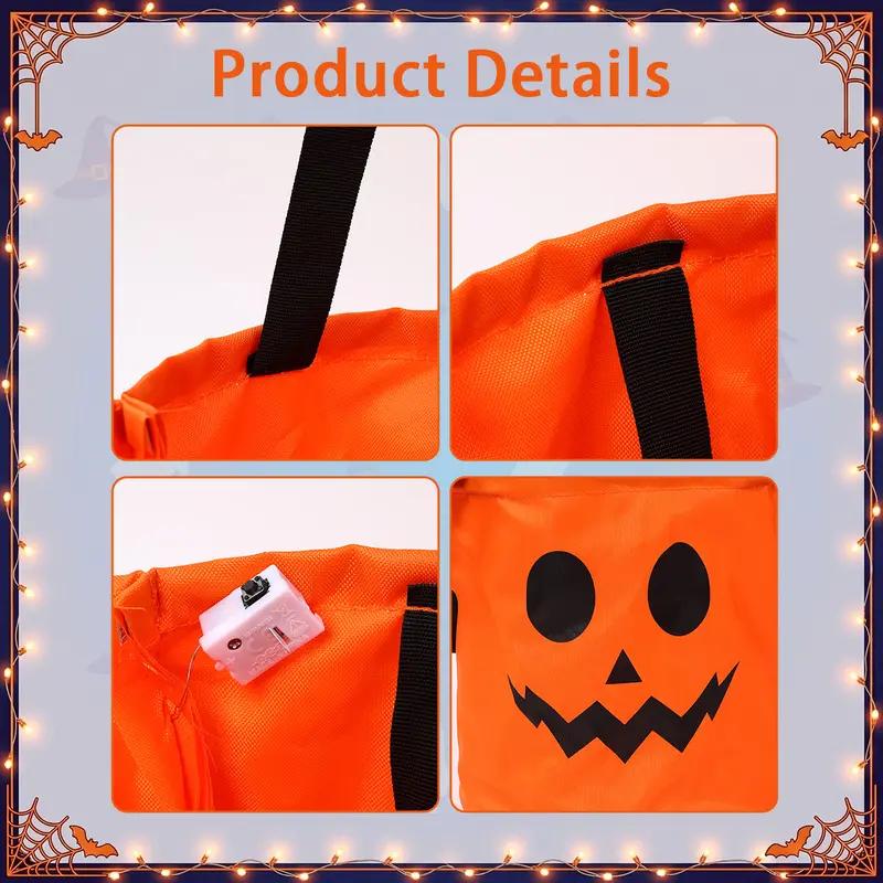 LED Halloween Pumpkin Light Candy Buckets & Non-Woven Goodie Bags (3/4 Pcs) - Reusable Trick-or-Treat Collectible Gift for Kids - Home Outdoor Decoration Sets