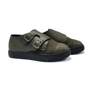 Mamelina Green Flannel Leather Monk Strap Velcro Sneaker