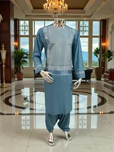 Medium Turquoise Blue Afghan Kameez with White Khamakdozi Embroidery