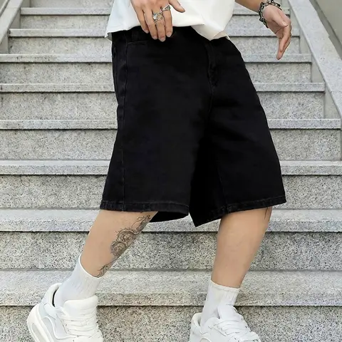 Men's pure black Plain loose-fitting casual denim shorts, Casual Fashion Shorts, Y2K style American street casual and versatile, Aesthetic, suitable as a gift for boyfriends and husbands