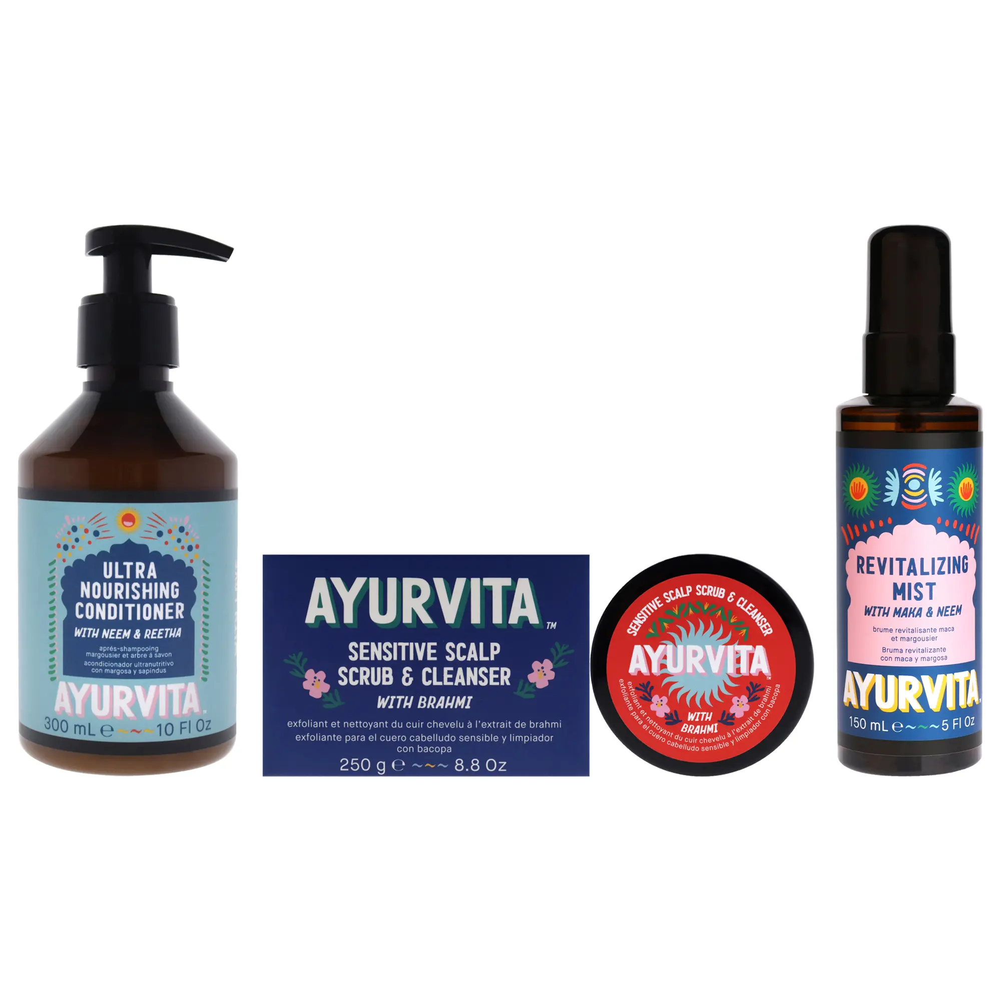 Brahmi Sensitive Scalp Scrub and Cleanser - Neem and Reetha Ultra Nourishing Conditioner with Maka and Neem Revitalizing Mist Kit by AyurVita for Unisex - 3 Pc Kit 8.8oz Cleanser, 10oz Conditioner, 5oz Mist Clarifying Shampoo