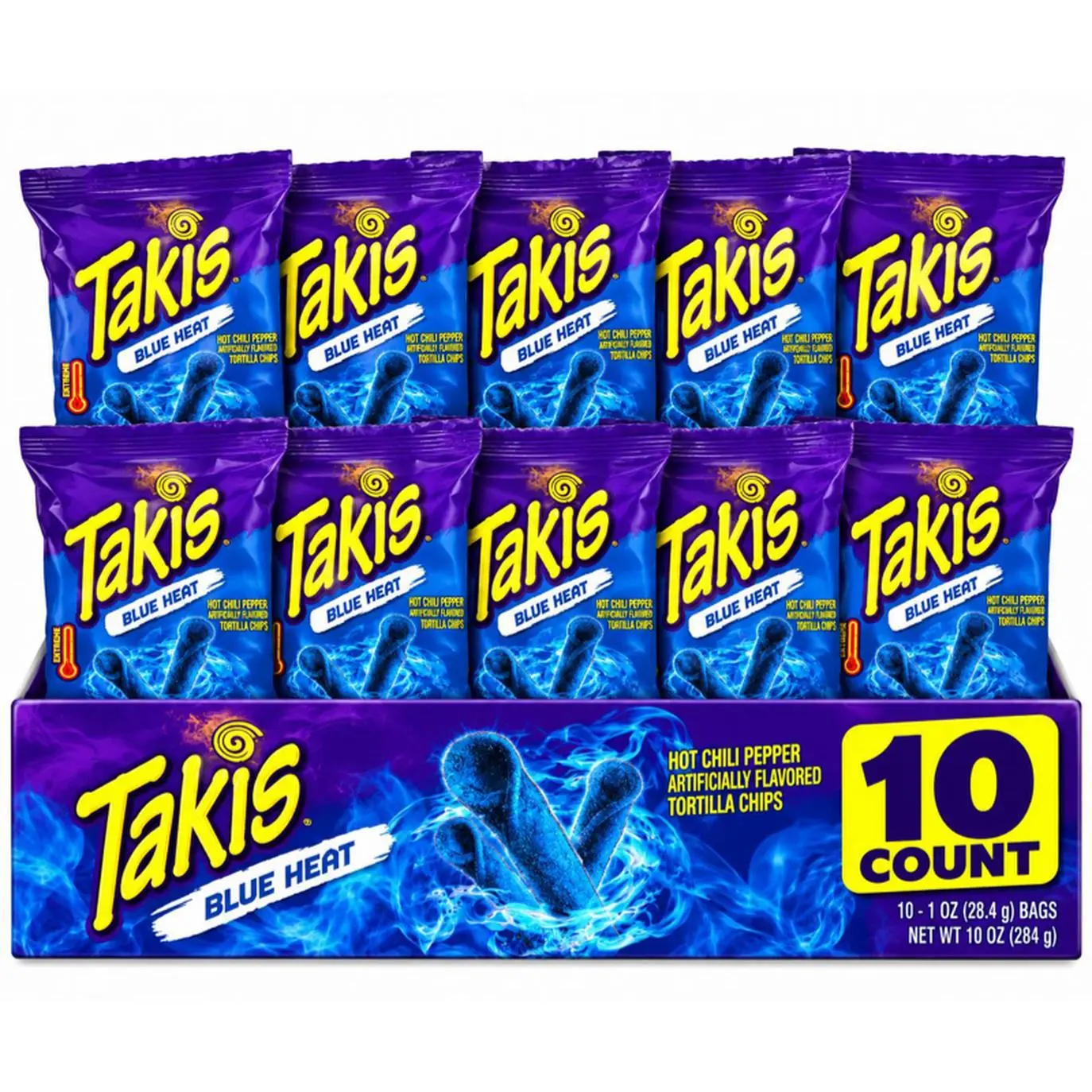 Takis Blue Heat Hot Chili Pepper Artificially Flavored Tortilla Chips 10 Count 1oz Bags