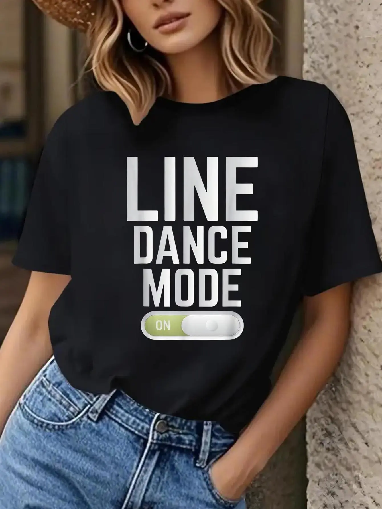 Women's Short-Line Dance T-Shirt - "Mode On" Graphic Tee with Round Neck, Stretchy Casual & Dance Wear, Machine Washable Black/White Top for Line Dancing & Everyday Outfits