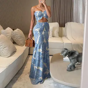 SULTRYGLOW Women's Tropical Print Bandeau Mermaid Dress - Drawstring Ruched Ruffle Hem Cinched Waist Vacation Dress