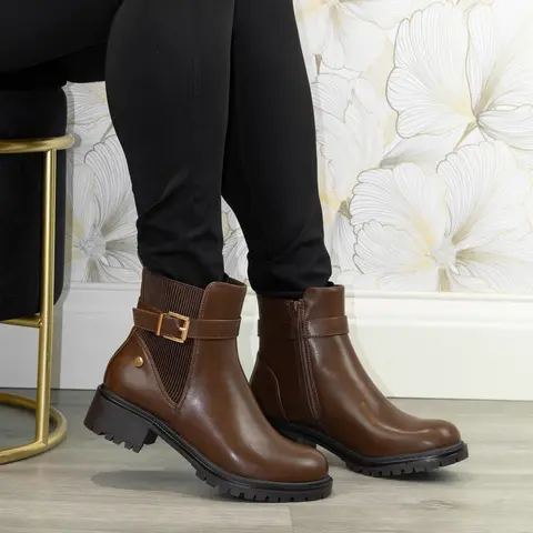Shane - Women’s Faux Leather Chelsea Ankle Boots, Buckle Strap Lug Sole Booties with Block Heel, Elastic Side Panels, Comfortable Fashion Footwear for Casual Wear, Work & Seasonal Styling