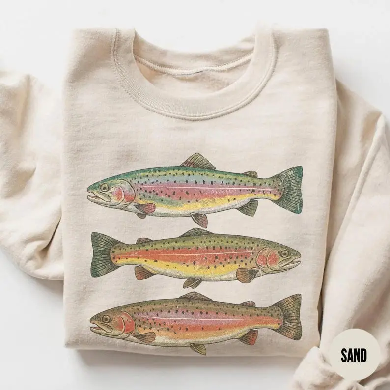 Retro Rainbow Trout Crewneck Sweatshirt, Trout Sweatshirt, Retro Fish Sweater, Fishing Sweatshirt, Fisherman Rainbow Trout Fishing Shirt