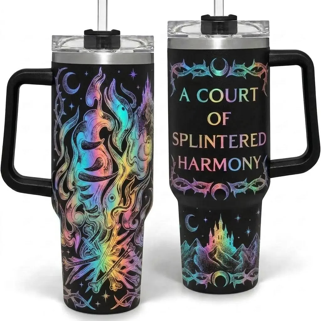 A Court Of Splintered Harmony 40oz Tumbler With Handle, Fantasy Book Lover Insulated Travel Mug, Sunset Gradient Fire Castle Stainless Steel Cup With Straw, Romantasy Aesthetic Water Bottle, Bookish Merch Gift
