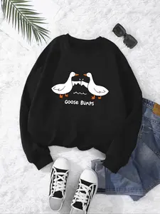 Women's Cartoon Goose & Letter Print Drop Shoulder Sweatshirt, Casual Soft Sweatshirt, Casual Long Sleeve Round Neck Pullover for Fall & Winter, Ladies Clothes for Daily Wear