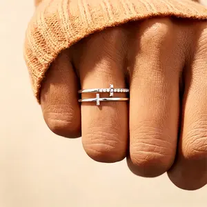 Double Layer Cross Statement Ring, Rhinestone Stackable Copper Ring, Minimalist Faith Jewelry for Women, Sparkly Two-Tier Cross Ring in Silver Gold Black, Dainty Everyday & Party Accessory, Perfect for Layering or Gifting
