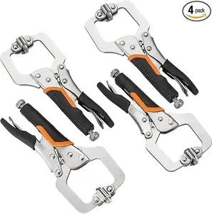 4 Pack 6'' C Clamp Locking Pliers with Swivel Pads | Heavy Duty Locking C-Clamp with Non-Slip Rubber Grip, Adjustable Nickel Plated C Pliers for Welding, Woodworking (6 inch, 4)
