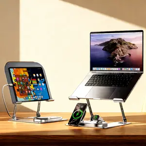 Qi2 4-in-1 15W Magnetic Wireless Charging Station, Durable Alloy Tablet/Laptop/Smartphone Mount, Space-Saving Foldable Fast Charger Stand for iPhone 16/15/14/13/12, Apple Watch, AirPods & Samsung Galaxy Series Cellphone