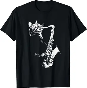 100% Cotton Funny Cat Saxophone Jazz Musician Sax T-Shirt
