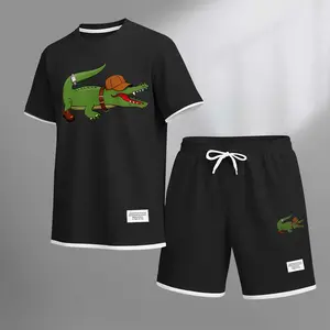 Men's Crocodile Print Drawstring Shorts Set For Spring/Summer. A Casual Summer Outfit, Including A Short-Sleeved Shirt And Shorts, Suitable For Everyday Wear And Sports. A Two-Piece Set For A Relaxed And Energetic Lifestyle. Crewneck Menswear