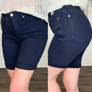 Judy Blue Tess Tummy Control High-Rise Navy Bermuda Shorts, Above The Knee Shorts, Stretch Denim Shorts