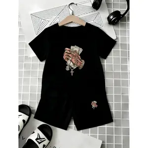 Banknote Handprint Flower T-shirt+shorts 2pcs Children's Trendy Casual Set, Perfect for Outdoor