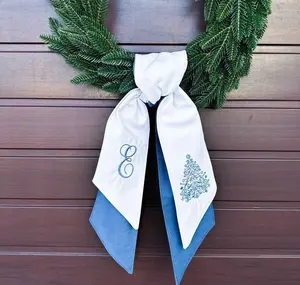 Chinoiserie Wreath Sash – Holiday Wreath Seasonal Front Door Decor – Blue and White Christmas Wreath – Holiday Gift & Home Décor Accent