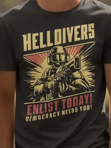 Helldivers 2 Enlistment Tee - Join The Fight For Democracy, Exclusive Sci-fi Soldier Shirt, Ps5 & Pc Gamer Gear Tshirt Top Menswear Cotton Crewneck